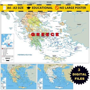 Printable GREECE Political Map + Bonus Topography & Road Poster A3 size JPG Download