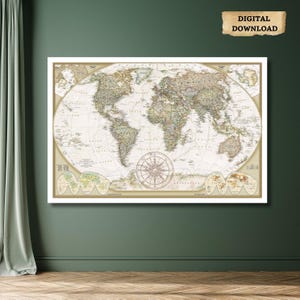 Afdrukbare vintage wereldkaart antieke stijl, zeer gedetailleerde kaart van de wereld decoratieve historische Atlas Wall Art DIGITALE DOWNLOAD
