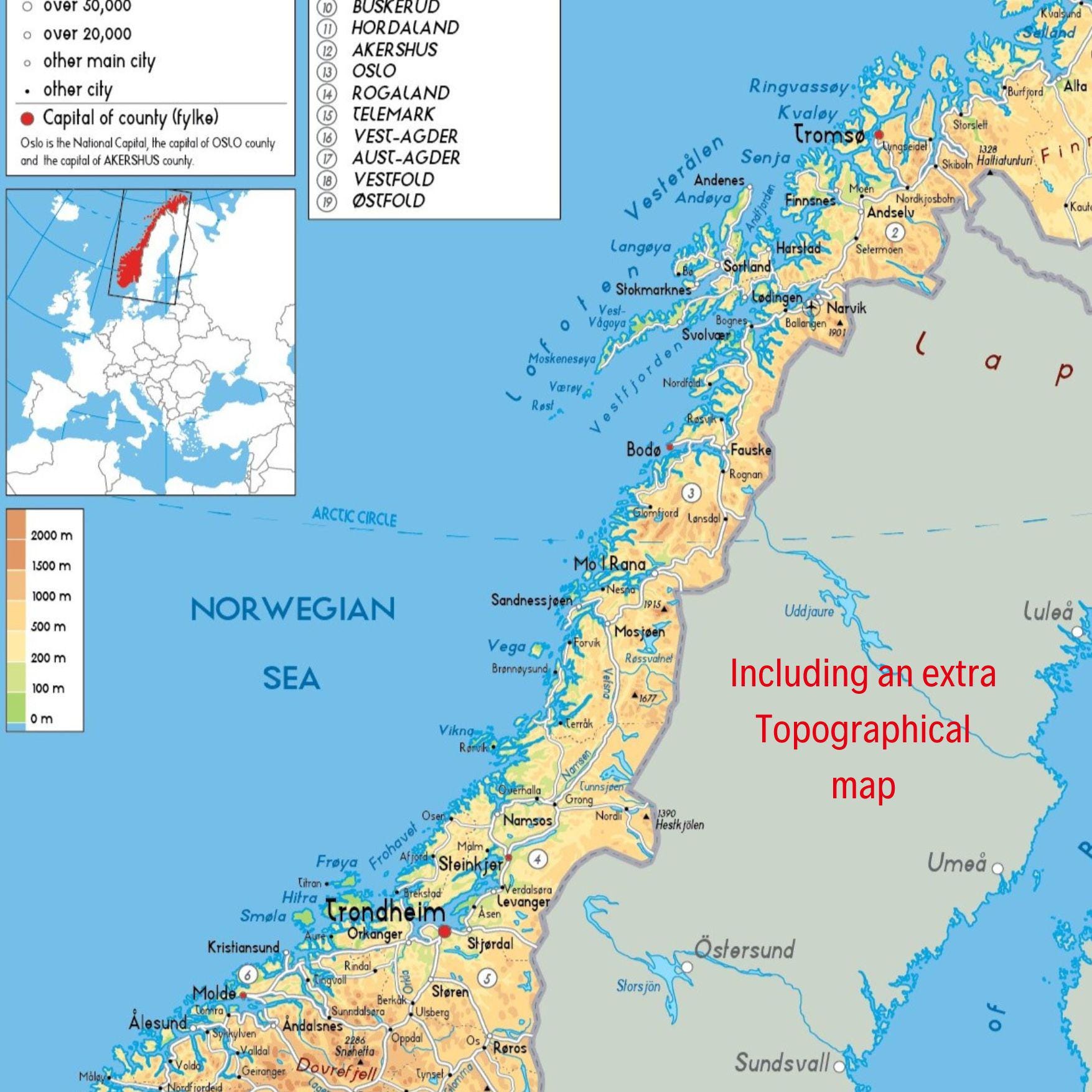 Norway Map.pdf Printable NORWAY Political Map + 2 Bonus Topography & Roads - Etsy