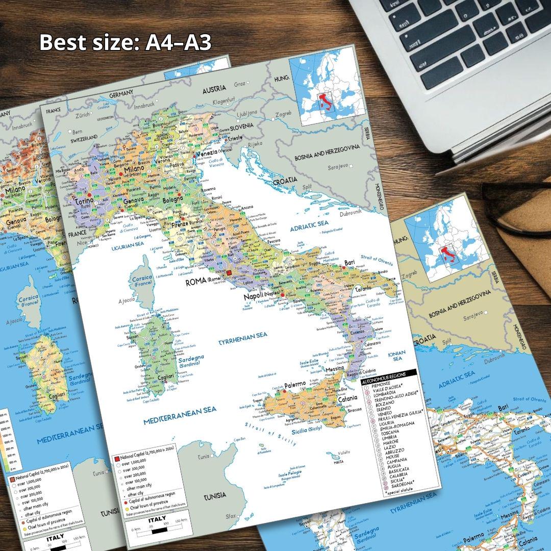 Italy Political DIGITAL Map Printable With Regions Cities Borders