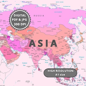 Asia Political Map in Pink - PDF & JPG (300 dpi A1 Large Format)