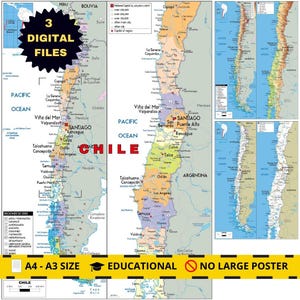 CHILE Printable Map Set: Political, Physical & Road Network (Digital Download)