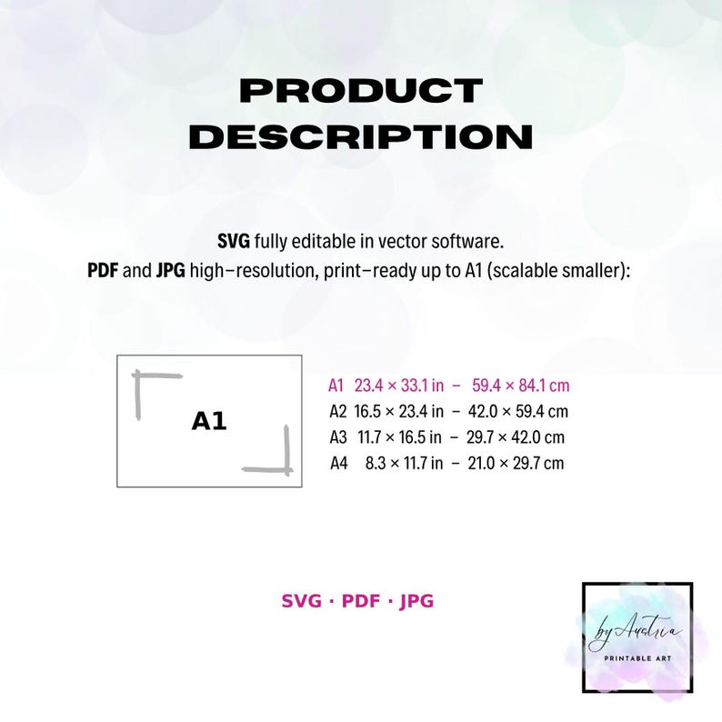 May include: A product description graphic with the text "PRODUCT DESCRIPTION". Includes size details for A1 (23.4 x 33.1 in - 59.4 x 84.1 cm), A2, A3, and A4 formats. The graphic is available in SVG, PDF, and JPG formats.