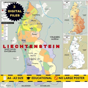 Puede incluir: Un mapa colorido de Liechtenstein, que muestra los municipios y las áreas circundantes. El mapa incluye el texto "Liechtenstein" en letras rojas grandes y el texto "3 DIGITAL FILES". Se muestran mapas adicionales en la esquina superior derecha. El texto "A4 - A3 SIZE EDUCATIONAL NO LARGE POSTER" está en la parte inferior.