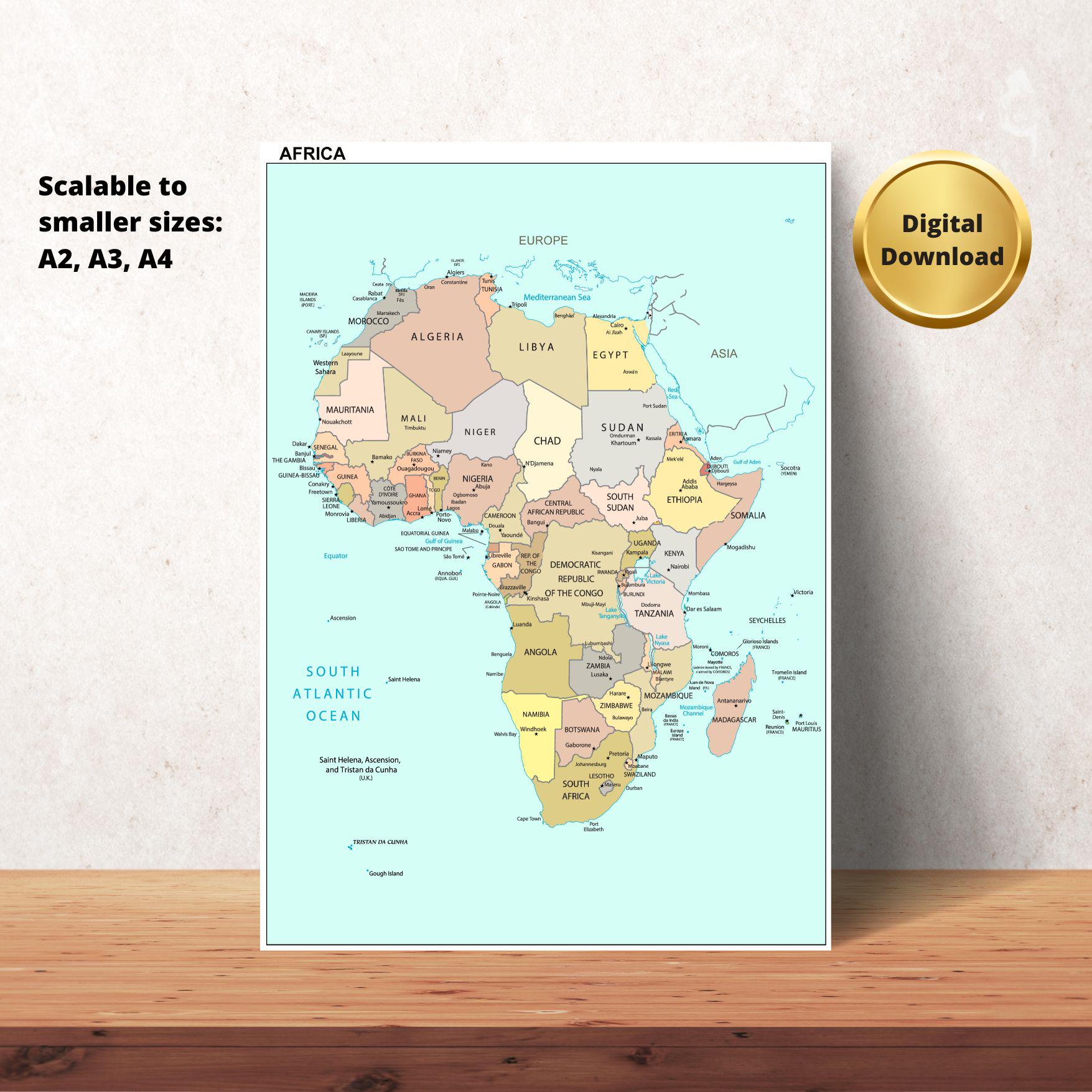 Africa Political Map – Neutral Tones PDF + JPG (high-res 300 DPI) - Etsy