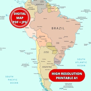 Può includere: Una mappa dettagliata del Sud America, con confini nazionali e nomi di città. Include etichette di testo come "DIGITAL MAP PDF + JPG" e "HIGH RESOLUTION PRINTABLE A1" all'interno di cerchi rossi. Sfondo neutro.