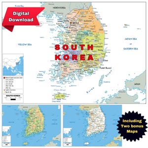 Sehr detaillierte Karte von Südkorea, druckbares 3er-Set mit politischen, topografischen und Straßennetzen im A3-Format für den Unterricht, das Geschäft oder als Dekoration zu Hause