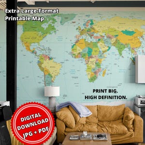 Political World Map Printable XL – Panoramic Ultra High Resolution (Digital Download)