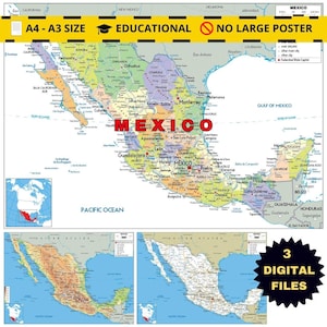 Farbenfrohe, druckbare politische Karte von Mexiko im A3-Format mit Topografie und Straßennetz – ideal für Bildung, Beruf, Reisen oder Zuhause.