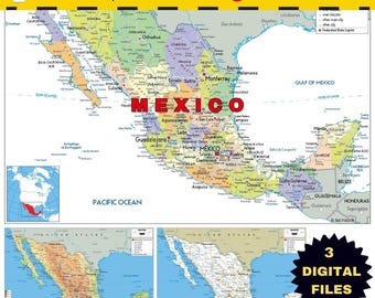 Kleurrijke MEXICO afdrukbare politieke kaart A3 digitaal downloadbaar met topografie en wegennetwerken, ideaal voor educatief, zakelijk, reizen of thuis