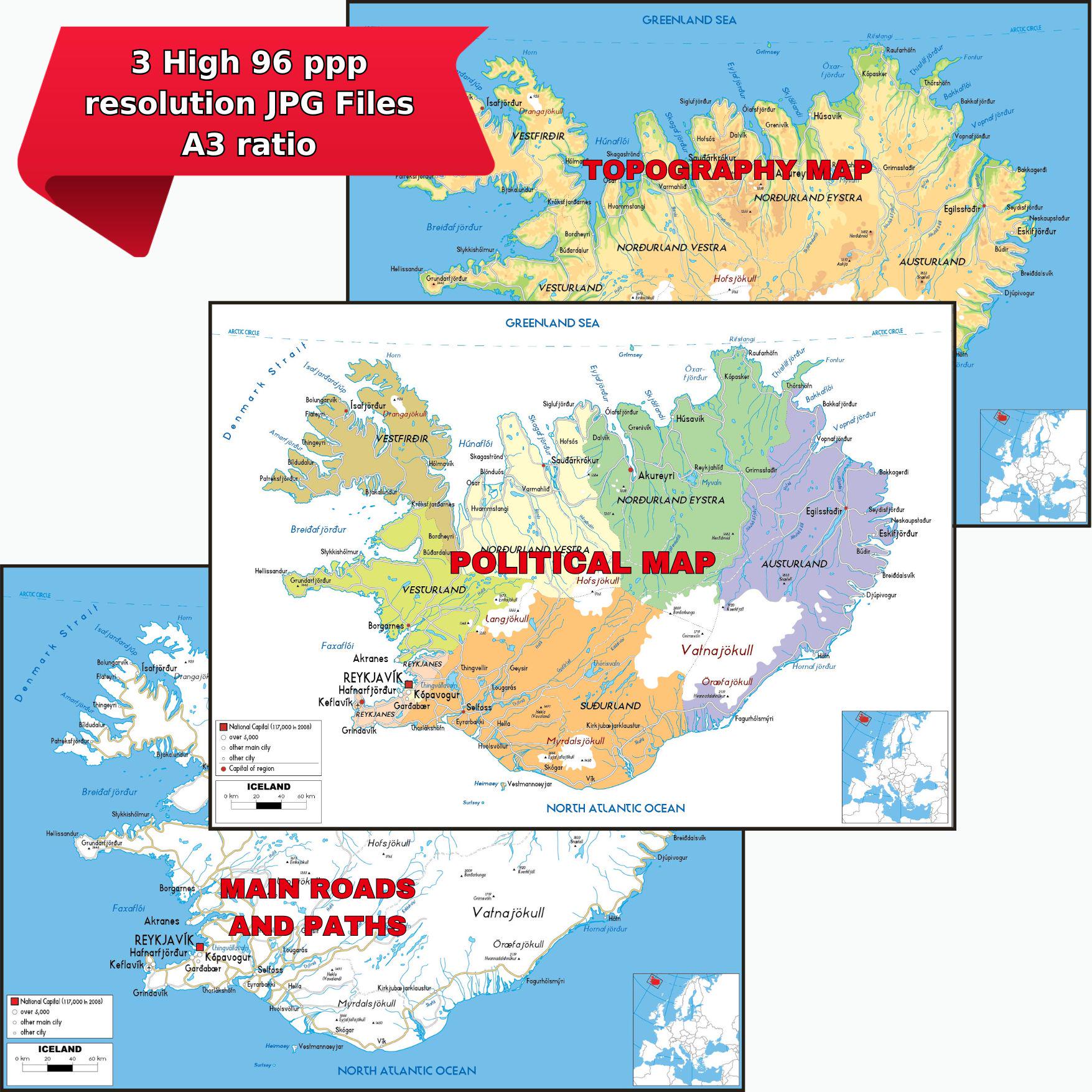 Iceland Political Map Printable + 2 Bonus Road & Topography Posters ...