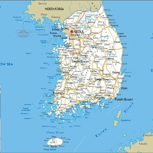 Sehr detaillierte Südkorea-Karte zum Ausdrucken, Set mit 3 Karten im A3-Format: Politische Karte, Topografie und Straßennetz – ideal für Klassenzimmer, Büro oder als Dekoration zu Hause. Bild 13
