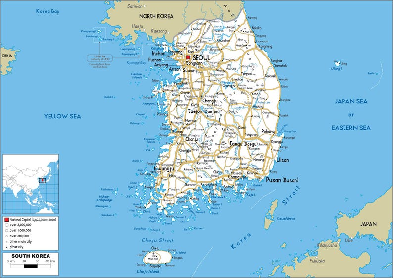 Sehr detaillierte Südkorea-Karte zum Ausdrucken, Set mit 3 Karten im A3-Format: Politische Karte, Topografie und Straßennetz – ideal für Klassenzimmer, Büro oder als Dekoration zu Hause. Bild 13