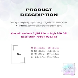 K&ouml;nnte beinhalten: Eine digitale Produktbeschreibung mit dem Text &bdquo;PRODUKTBESCHREIBUNG&ldquo;. Sie enth&auml;lt Details zu einer A1-Verh&auml;ltniskarte, einer hochaufl&ouml;senden JPG-Datei und Gr&ouml;&szlig;enumrechnungen in Zoll und Zentimetern. Das Bild zeigt auch das Logo &bdquo;by Avdna PRINTABLE ART&ldquo;.