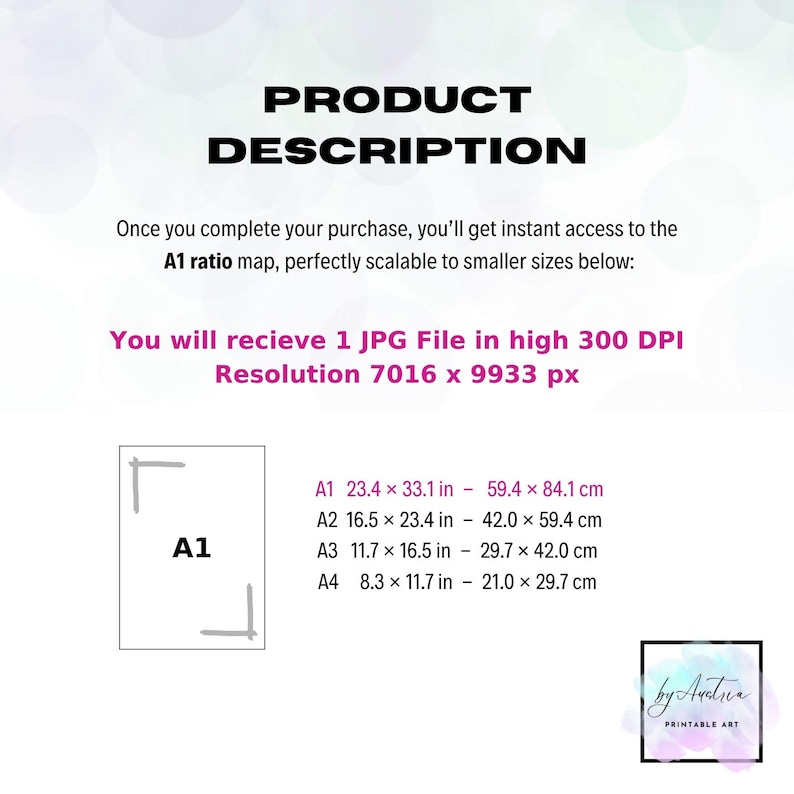 K&ouml;nnte beinhalten: Eine digitale Produktbeschreibung mit dem Text &bdquo;PRODUKTBESCHREIBUNG&ldquo;. Sie enth&auml;lt Details zu einer A1-Verh&auml;ltniskarte, einer hochaufl&ouml;senden JPG-Datei und Gr&ouml;&szlig;enumrechnungen in Zoll und Zentimetern. Das Bild zeigt auch das Logo &bdquo;by Avdna PRINTABLE ART&ldquo;.