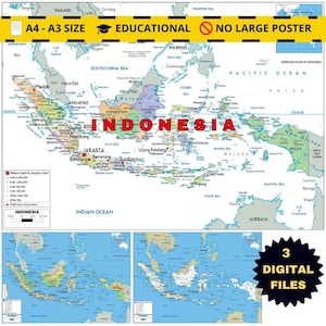 Mappa politica dell'Indonesia e 2 bonus Topografia e strade Download digitale formato A3