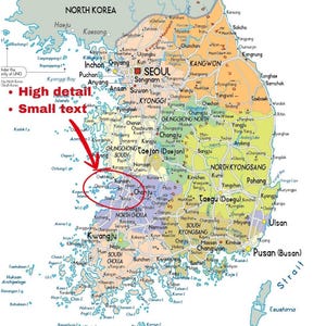 Sehr detaillierte Südkorea-Karte zum Ausdrucken, Set mit 3 Karten im A3-Format: Politische Karte, Topografie und Straßennetz – ideal für Klassenzimmer, Büro oder als Dekoration zu Hause. Bild 3