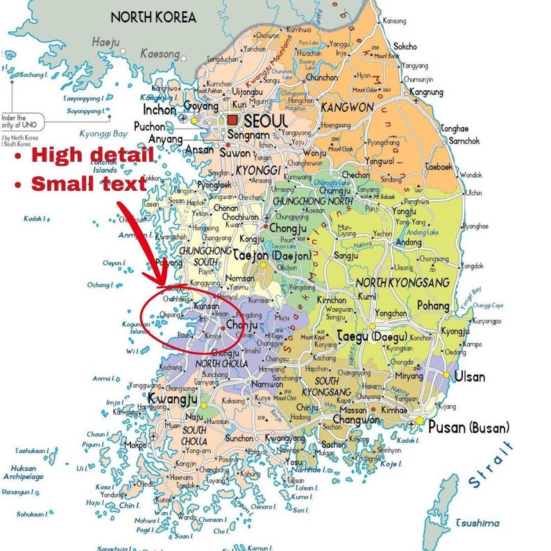 Sehr detaillierte Südkorea-Karte zum Ausdrucken, Set mit 3 Karten im A3-Format: Politische Karte, Topografie und Straßennetz – ideal für Klassenzimmer, Büro oder als Dekoration zu Hause. Bild 3