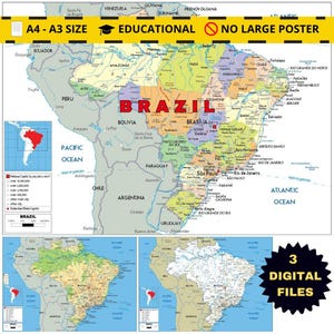May include: A detailed map of South America, with a focus on Brazil, labeled with cities, states, and geographical features. The map includes insets and the text "A4 - A3 SIZE EDUCATIONAL NO LARGE POSTER" and "3 DIGITAL FILES".