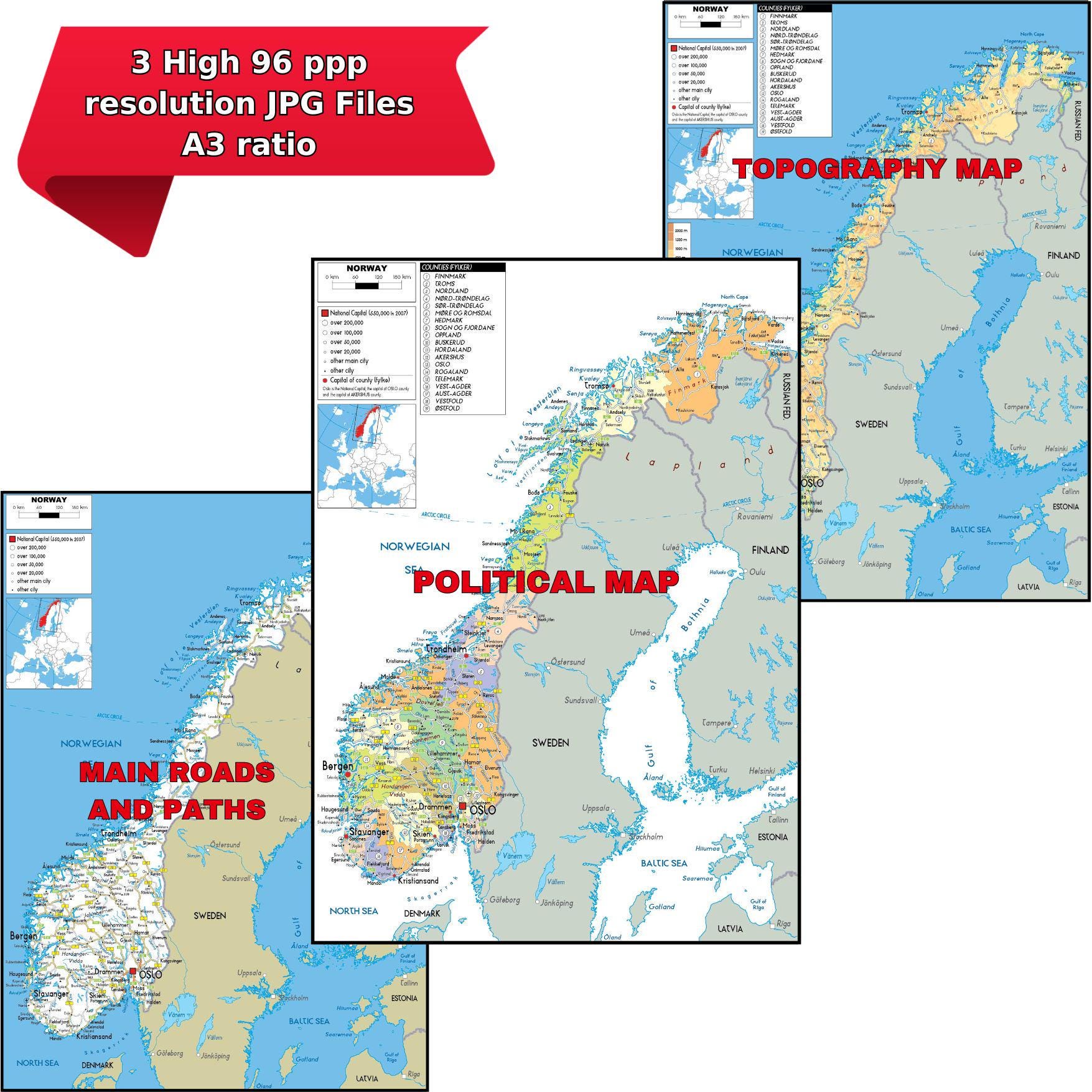 Norway Map.pdf Printable NORWAY Political Map + 2 Bonus Topography & Roads - Etsy