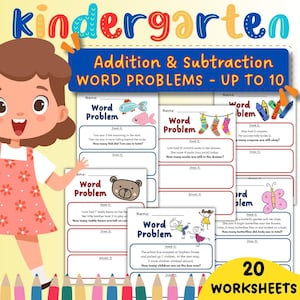 Puede incluir: Un conjunto de hojas de trabajo educativas y coloridas para estudiantes de jardín de infancia. Las hojas de trabajo se centran en problemas de palabras de suma y resta, hasta 10. La imagen incluye el texto "Kindergarten" y "20 hojas de trabajo".