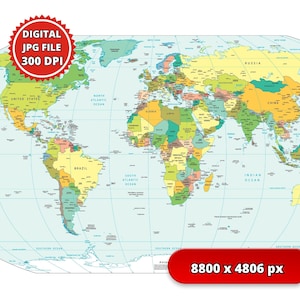 May include: A detailed world map showing countries and oceans, with the text "DIGITAL JPG FILE 300 DPI" and "8800 x 4806 px". The map is a vibrant display of global geography, with each country in a different color.
