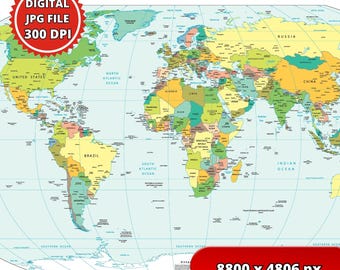 Political World Map Printable – 300 DPI (Digital Download) JPG + PDF format
