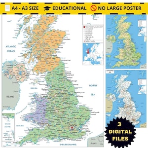 UNITED KINGDOM Political map + Topography & Road Network (Printable)