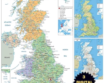 REGNO UNITO Mappa politica + topografia e rete stradale (stampabile)