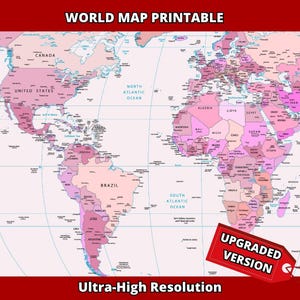 Könnte beinhalten: Eine druckbare Weltkarte in Rosa- und Violetttönen mit weißen Textbeschriftungen für Länder und Ozeane. Oben steht WORLD MAP PRINTABLE und unten Ultra-High Resolution. Ein rotes Etikett in der Ecke trägt die Aufschrift UPGRADED VERSION.