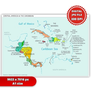 Puede incluir: Un mapa detallado de América Central y el Caribe, con países como Cuba, Jamaica y las Bahamas. El mapa incluye etiquetas para ciudades y cuerpos de agua, con un archivo JPG digital y una resolución de 300 DPI.