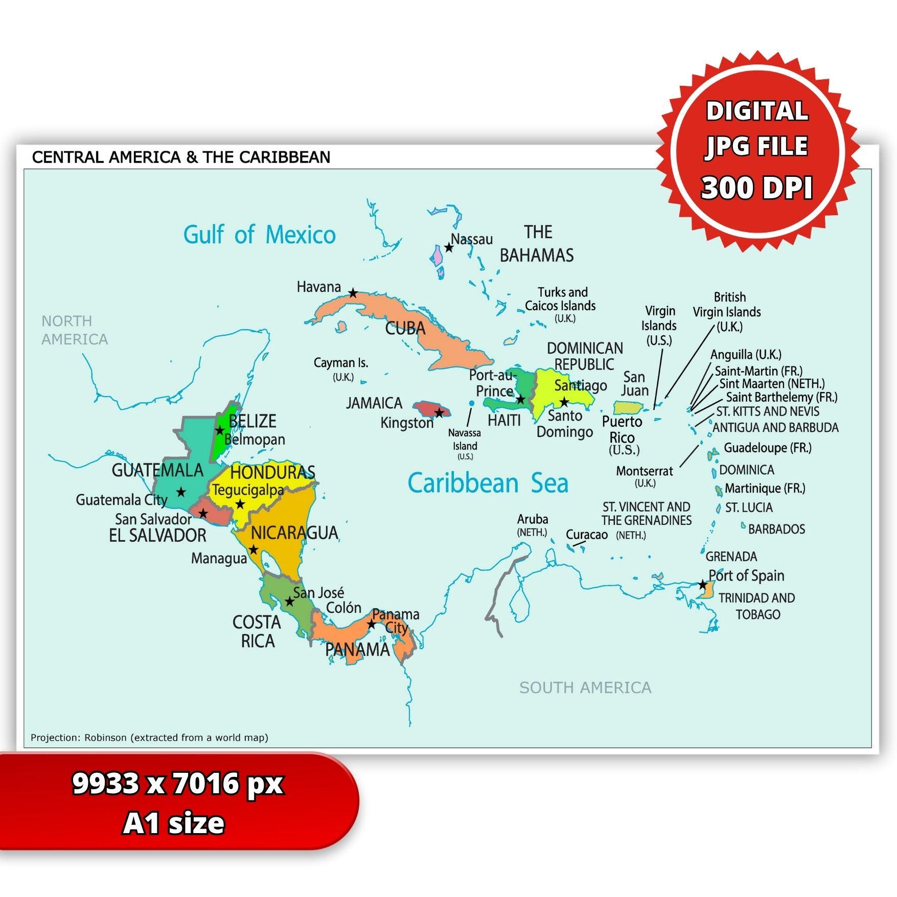 中央アメリカとカリブ海地域の政治地図 – PDF および JPG 高解像度 300