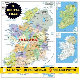 IRELAND Map Set: Political Topographical & Road Network (Printable)