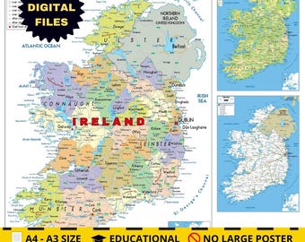 IRELAND Map Set: Political Topographical & Road Network (Printable)