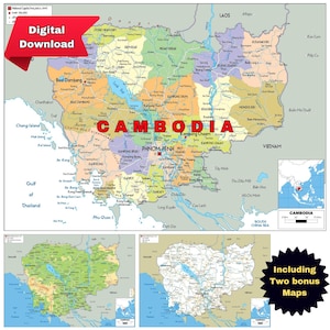 Carte politique détaillée imprimable du CAMBODGE au format A3, téléchargement numérique, topographie et réseaux routiers, idéale pour l'éducation, les affaires, les voyages ou la maison