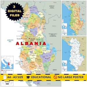 Mappa politica dell'ALBANIA + topografia e strade (stampabile)