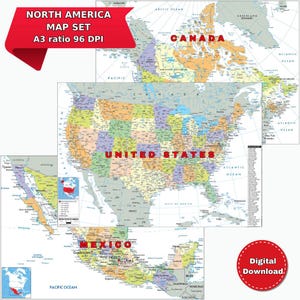 Ensemble de cartes imprimables de l'AMÉRIQUE DU NORD A3 Téléchargement numérique Réseau politique, topographique et routier des États-Unis, du Canada et du Mexique pour les voyages, l'école ou la décoration