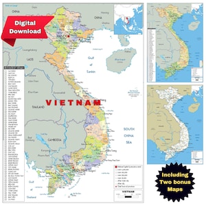 Carte politique imprimable du VIETNAM en téléchargement numérique et 2 bonus de topographie et de routes pour l'école, les bureaux de voyage, les entreprises et la décoration intérieure au format A3