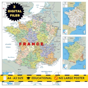 France Printable Political Map Detailed DIGITAL Mapping with Cities Borders Seas and Two Bonus Maps Featuring Main Roads & Topography A3