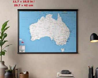 印刷可能なオーストラリアのデジタル政治地図。国、都市、海、道路を