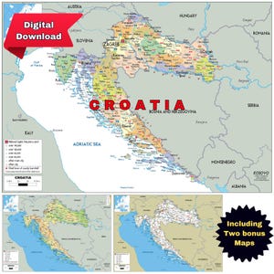 Carte politique imprimable de la Croatie + 2 routes bonus et topographie au format A3. Frontières détaillées, villes et régions. Idéal pour les voyages, les études ou le bureau.
