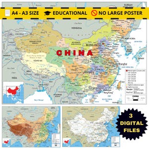 Mappa politica della Cina, download digitale, poster amministrativi, stradali e topografici stampabili per istruzione, arredamento, pianificatori di viaggio, uffici