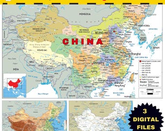 Mappa politica della Cina, download digitale, poster amministrativi, stradali e topografici stampabili per istruzione, arredamento, pianificatori di viaggio, uffici