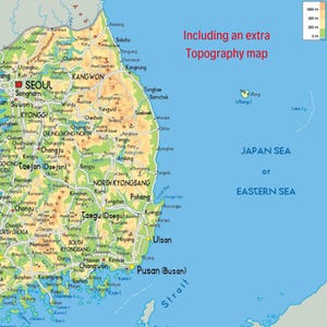 Sehr detaillierte Südkorea-Karte zum Ausdrucken, Set mit 3 Karten im A3-Format: Politische Karte, Topografie und Straßennetz – ideal für Klassenzimmer, Büro oder als Dekoration zu Hause. Bild 5