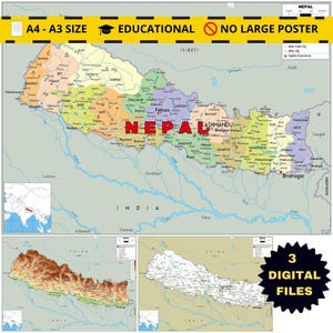 Puede incluir: Un mapa colorido de Nepal, con ciudades, ríos y características geográficas. La palabra "NEPAL" se muestra en rojo. La imagen también incluye mapas adicionales y el texto "A4 - A3 SIZE EDUCATIONAL NO LARGE POSTER".