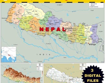 Conjunto de mapas digitais do Nepal: político, topográfico e rodoviário (download para impressão em formato A3)