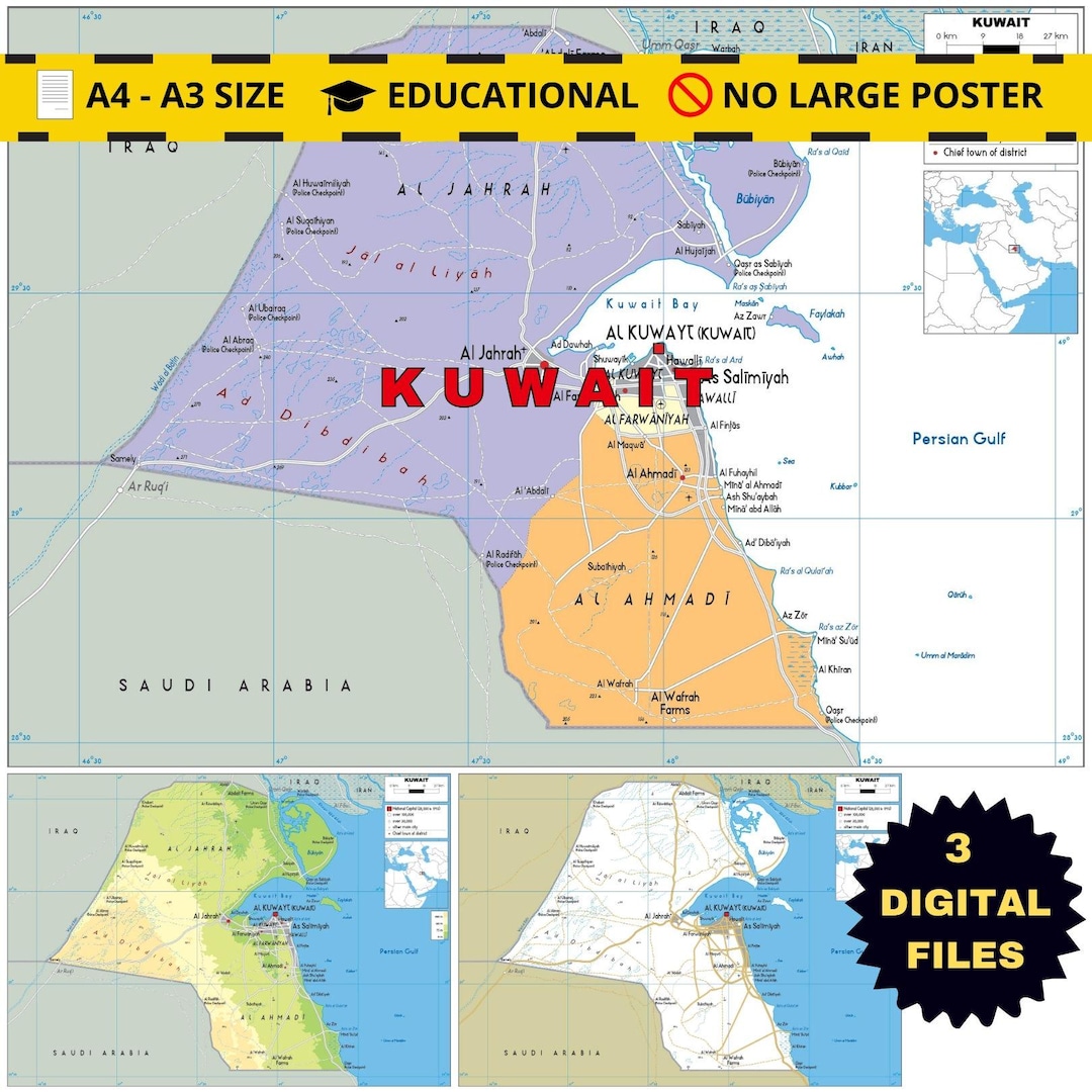 Kuwait Printable Maps (3-pack) Political + Physical + Roads - Etsy