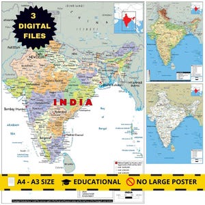 Mappa dettagliata dell'INDIA stampabile, politica, topografia e strade, formato A3, poster digitale scaricabile per istruzione, affari, viaggi o arredamento per la casa