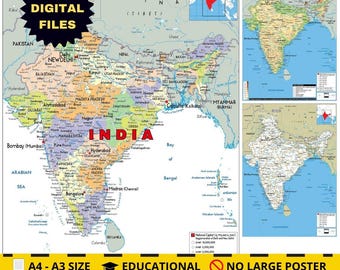 Mappa dettagliata dell'INDIA stampabile, politica, topografia e strade, formato A3, poster digitale scaricabile per istruzione, affari, viaggi o arredamento per la casa
