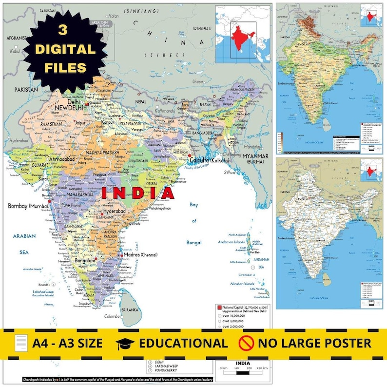 Mappa dettagliata dell'INDIA stampabile, politica, topografia e strade, formato A3, poster digitale scaricabile per istruzione, affari, viaggi o arredamento per la casa immagine 1